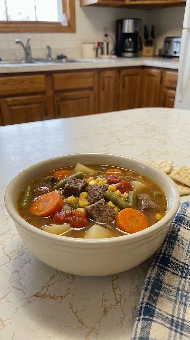 A bowl of homemade slow cooker vegetable beef soup with tender beef, potatoes, carrots, corn, and green beans served with saltine crackers.