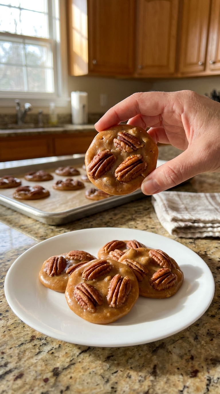 Homemade pecan pralines filled with whole pecans and creamy brown sugar candy on a parchment-lined baking sheet.