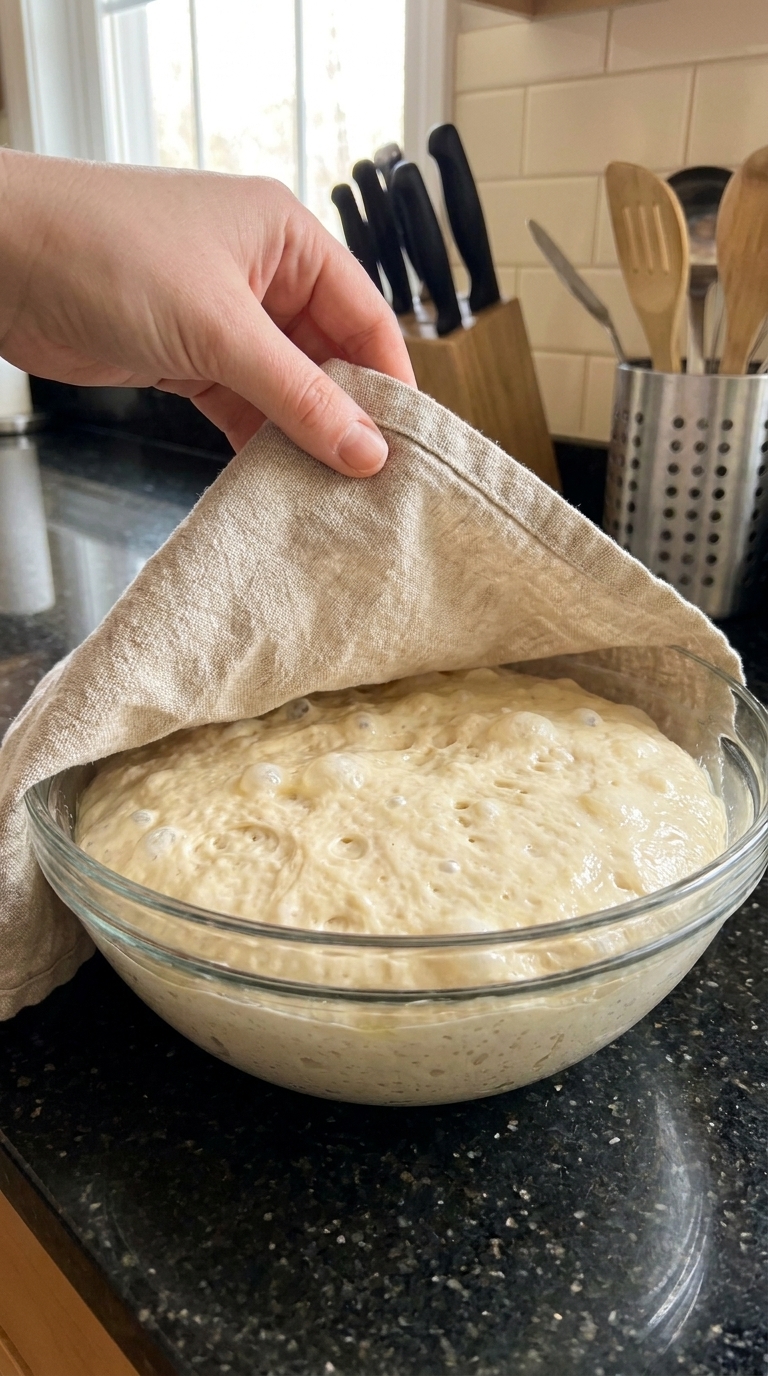Risen no-knead bread dough with air bubbles in a glass bowl as a kitchen towel is lifted.