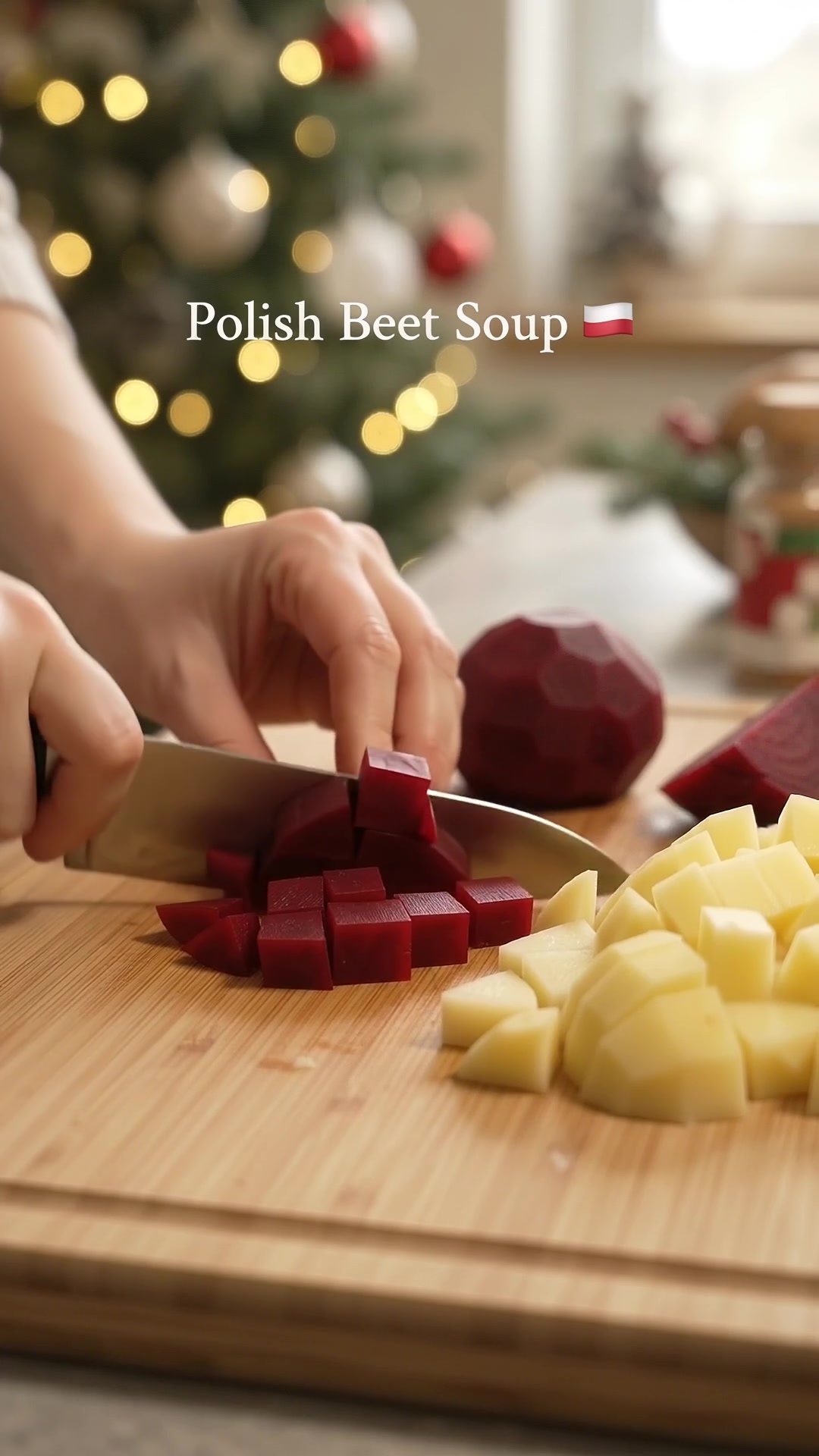 Fresh red beets being diced beside chopped potatoes for homemade Polish beet soup.