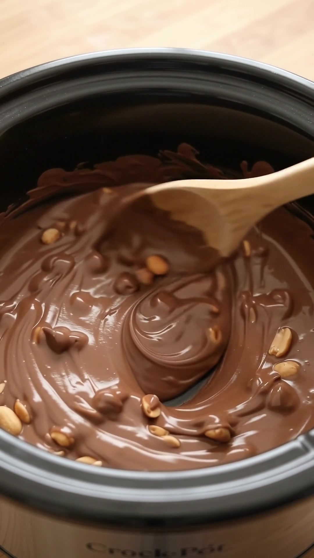 Smooth melted chocolate coating roasted peanuts inside a slow cooker.