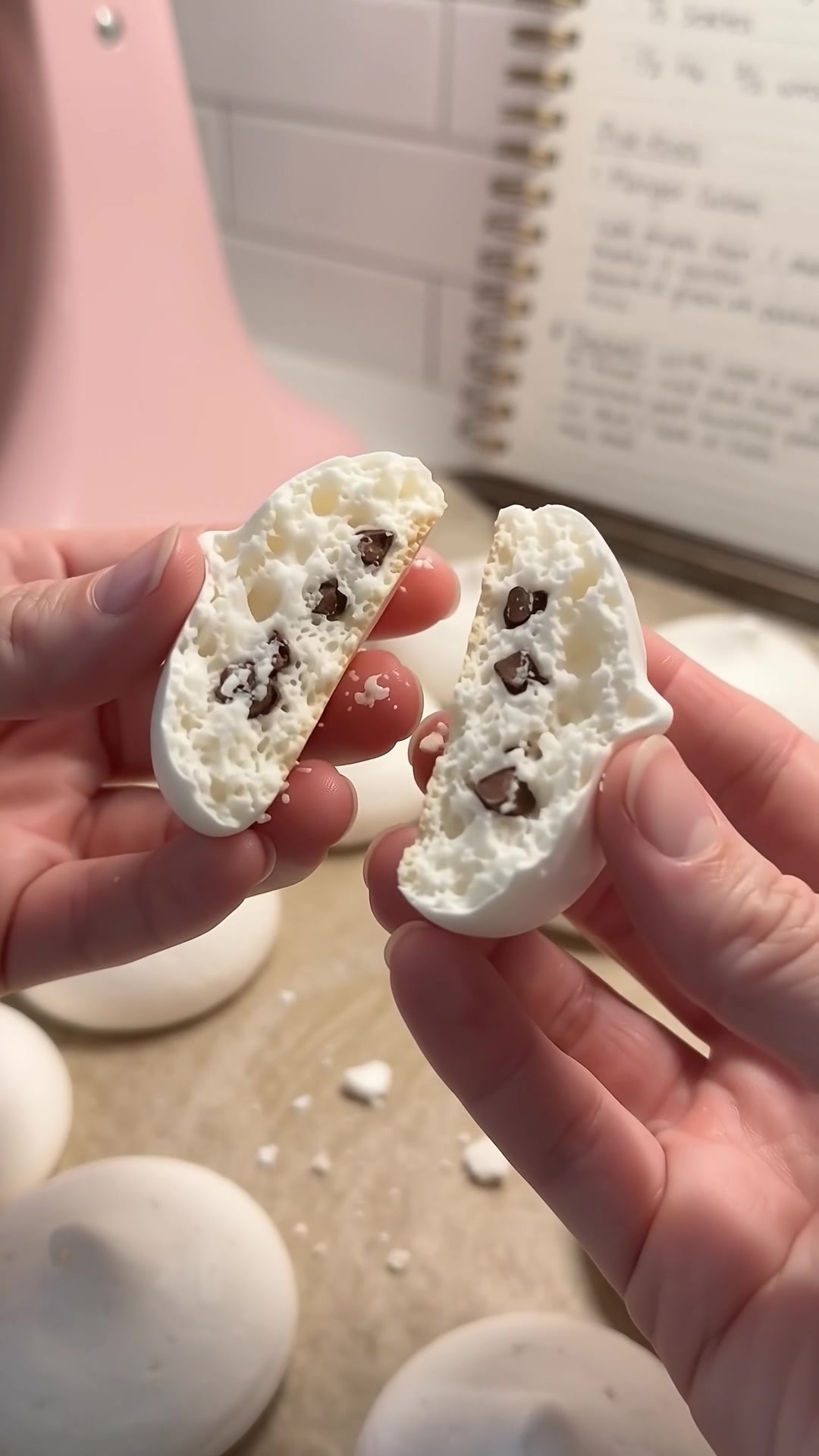 Forgotten meringue cookie broken in half showing an airy white interior filled with chocolate chips.