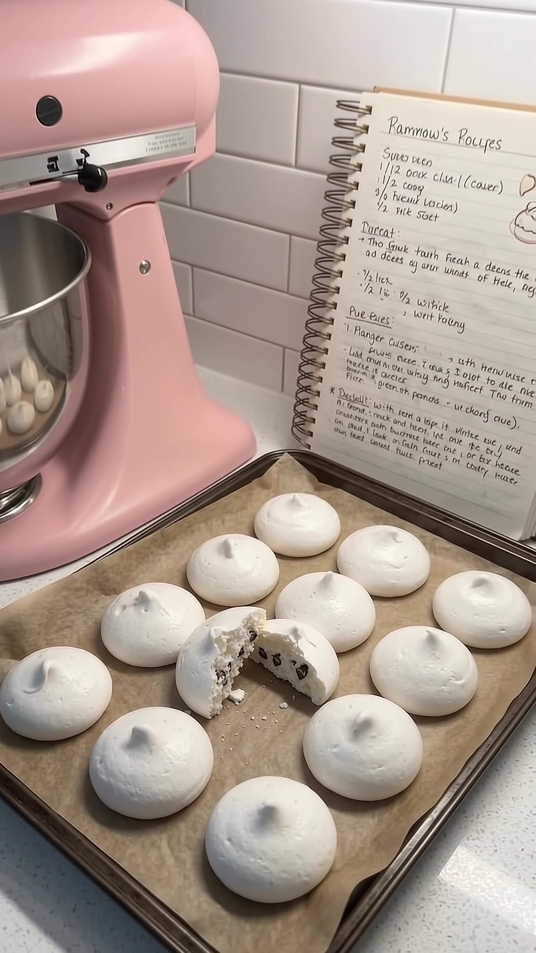 Old-fashioned forgotten cookies on a parchment-lined baking sheet beside a pink stand mixer