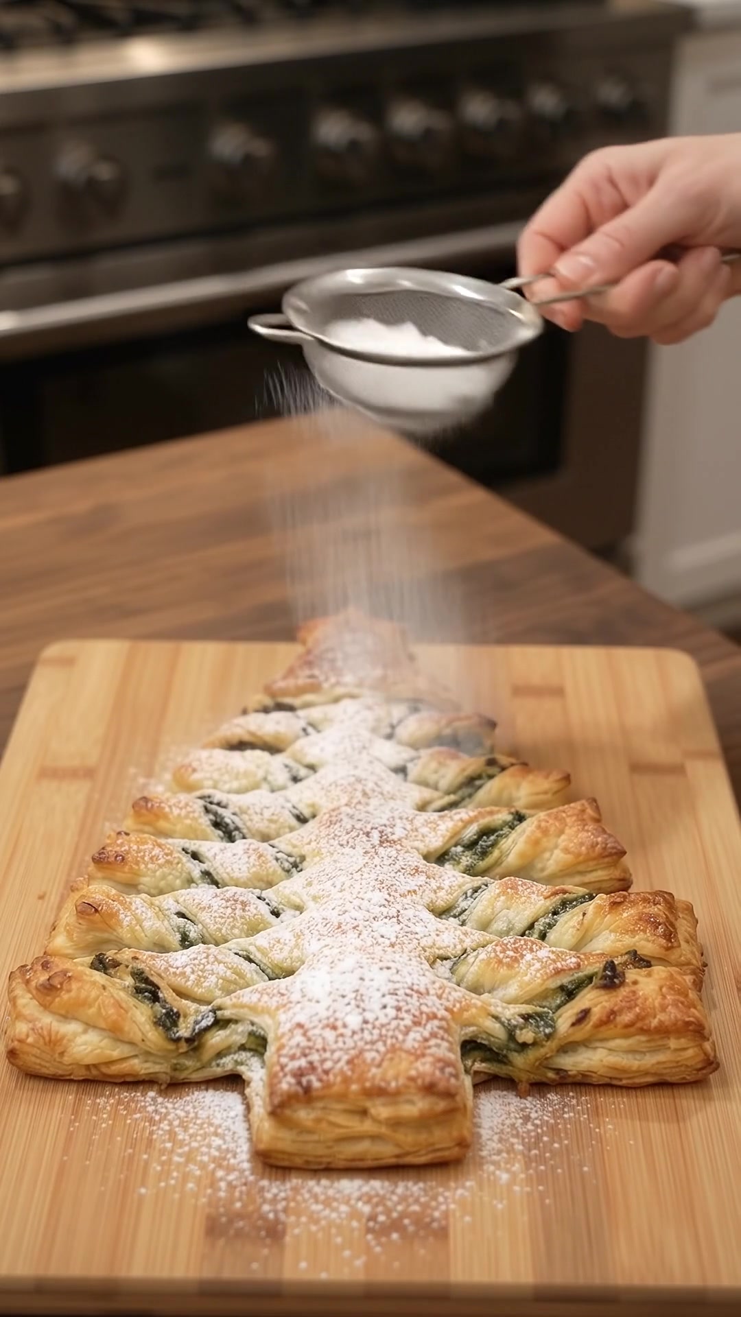 Freshly baked golden puff pastry Christmas tree with pesto filling on a parchment-lined baking sheet.