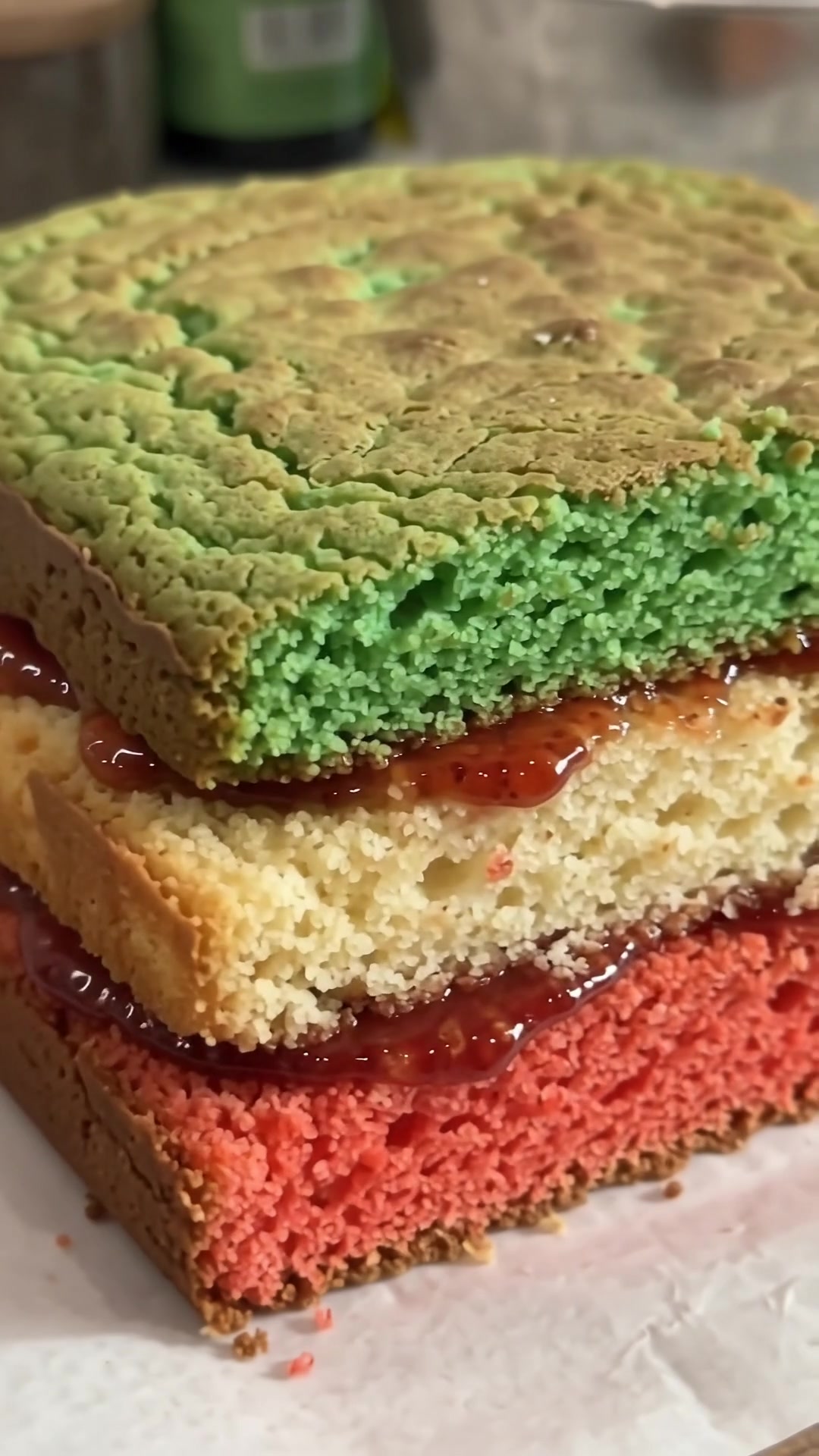 Three colorful Italian rainbow cookie cake layers stacked with raspberry jam filling.